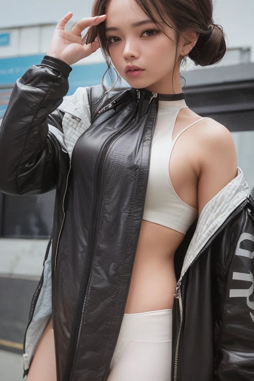 highest quality, Ultra-high resolution, (Realistic:1.4), One girl, A loose, oversized black jacket, White sports bra, (Yoga pants:1), (Light brown hair:1.2), View Viewer, smile, (Slender and beautiful girl)、(Small waist)、(Mid-chest:1.2)、