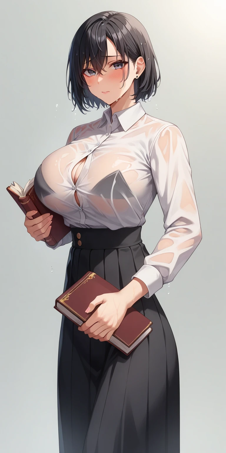 A beautiful young student wearing black jacket on top of uniform, holding a book, her large breasts accentuated, in a stunning, highly detailed, photorealistic masterpiece, 8K resolution, with fully detailed hands and fingers, classroom background, half body