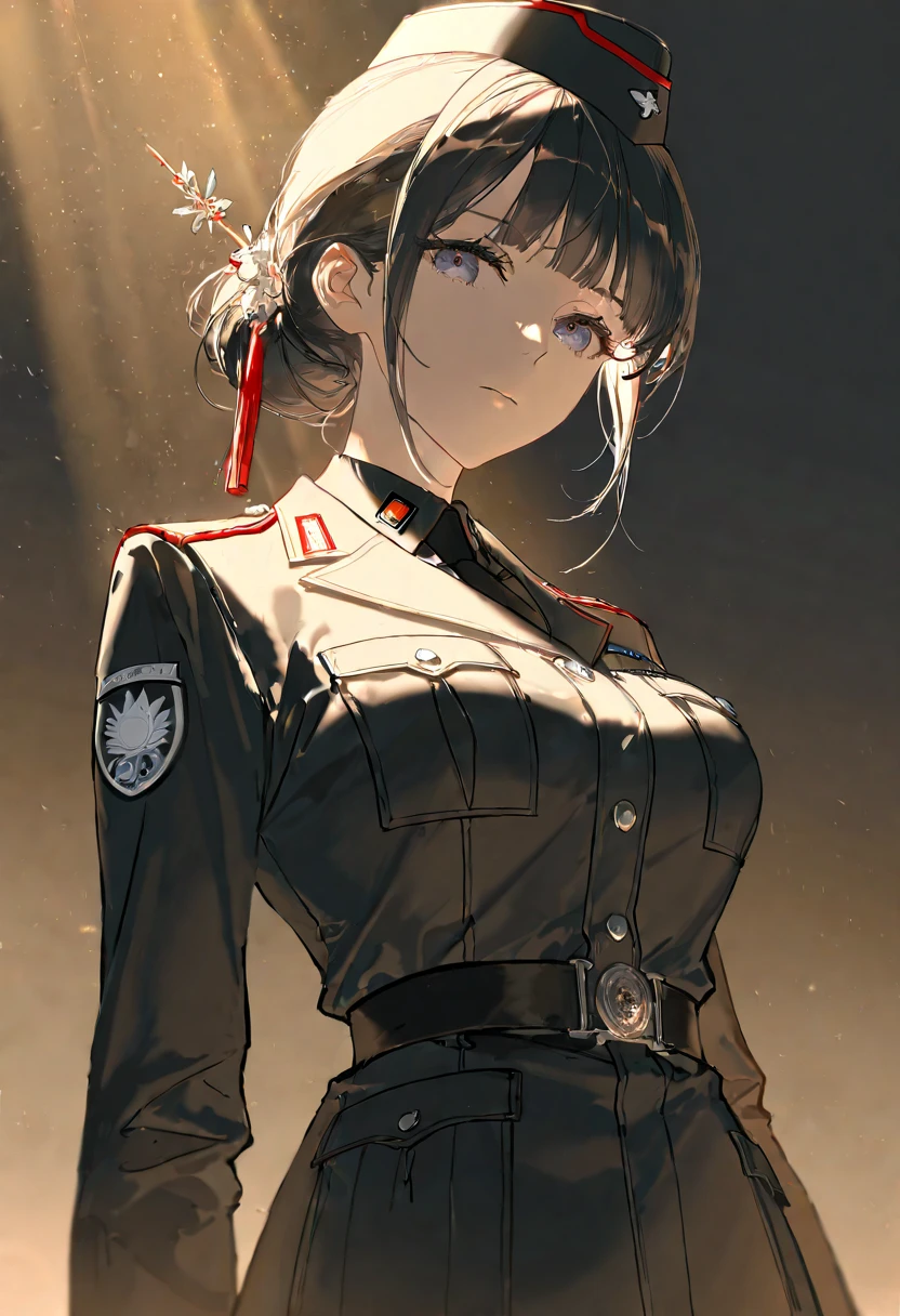 Anime, Short black hair with bangs, Narrow waist, Wearing Soviet military uniform,((bottomless)),wet pussy,((pussy:1.5)),Shaved pussy,Moscow alley,NSFW,Pussy