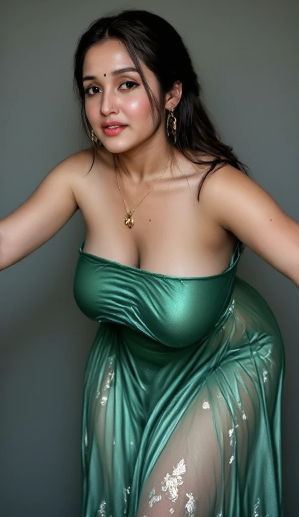 ((Indian 30 year old supermodel )),((dark brown toned skin)),((both eyes blue colour)),((brunette curly long hair)), standing,side looking, plum roundish cheeks, having perfect round ,big wide ass,having hour glass figure,((looking straight to camera)),((Wearing elegant embroidery strapless green ruffled gown exposing cleavage)),((perfect round boobs)),((silky hair)),((4k quality,realistic high quality)),((nice curvy body)), ((perfect hands)), ((perfect legs)), ((perfect fingers)), ((smooth skin)),good close up shot of that beautiful body curves,((in a perfect ambient lighting resort backyard background photoshoot)),sensual expression