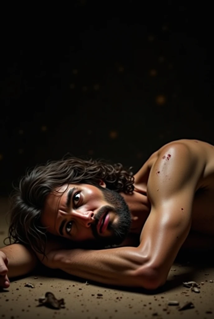 solo, loneliness, emptiness, affection, long hair, black hair, 1boy, male focus, outdoors, sky, barefoot, pants, cloud, water, from side, kneeling, night, ocean, black pants, all fours, star \(sky\), light particles, starry sky, topless male, waves
