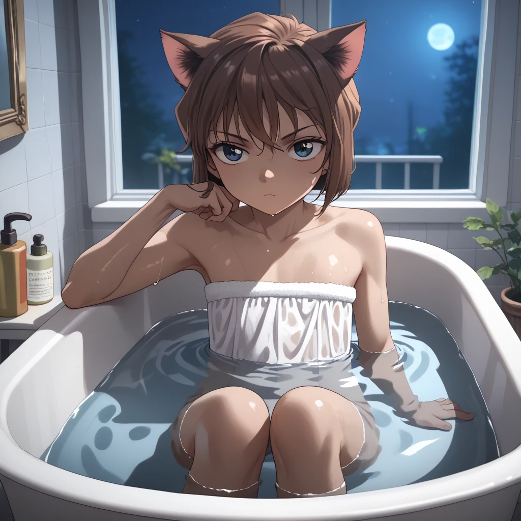 artwork, 1 girl, detailed, 2d, short brown hair, (((Cell shaded)),Best Quality, masterpiece, High resolution, anime screen cap, anime colours), sexy look:1.3, (large breasts with drooping:1.8, cleavage), (Perfect Anatomy, perfect detailed body, Eyes) , full body, lookin down at camera, Thicc anime girl in a bathtub, cute, sexyrobutts, splash art anime , thicc, by Shitao, bubble bath, , top rated on pixiv, pixiv, 2b, best anime 4k konachan wallpaper, , guweiz on pixiv artstation, dog tail, cat ears, long weavy hair, top view, laying on stomach, looking at viewer, (ass up), sexy pose, (nude), (getting out of the tub), wet