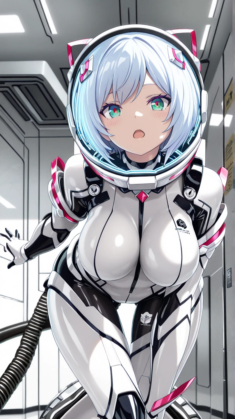 ((masterpiece)), ((best quality)), (ultra-detailed), ((kawaii)), cute, (lovely), ((sexy)), (ero), ((extremely detailed)), 4K, (8K), best quality, (beautiful), in the middle, bedroom, a pretty woman, robot suit, robot, beautiful silver hair, beautiful green eyes, ((beautiful eyes)), white-skinned, short hair, blunt bangs,gigantic breast, orgasm,smile,open mouth,saliva,sweat,topless,show off nipple,breast milk,bottomless,touch pussy,pussy juice,masturbation,lying on back,m legs,nsfw