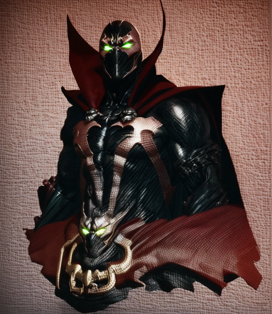 UHD, 4k, ultra detailed, cinematic, a photograph of  <lora:Spawn v1:0.9>
living symbiotic costume, red cape, mask, green eyes, glowing eyes, creature, Spawn a man with a red cape and a chain, solo, 1boy, weapon, male focus, cape, mask, muscular, chain, claws, spikes, superhero, bodysuit, traditional media, epic, beautiful lighting, inpsiring