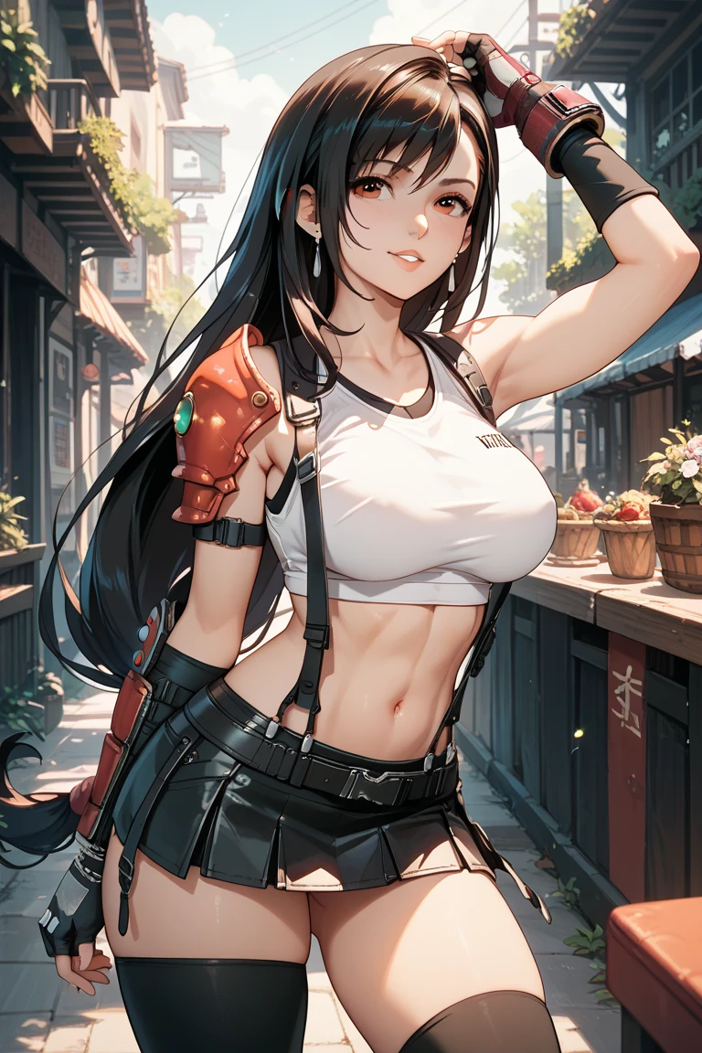 (Realistic: 1.4), Highest quality, Very delicate and beautiful, High resolution, 1 person, Tifa_Lockhart, smile, Cowboy Shot, suspenders, Low rise, mini skirt, Tank top, Nervous Shirt, Black Hair, Long Hair, Elbow Bag, Beautiful and detailed red eyes, Face Light, Cinema Lighting, belly button, High exposure, Exposed abdomen, rib, Abdominal muscles, Dynamic pose, Dynamic Angle,