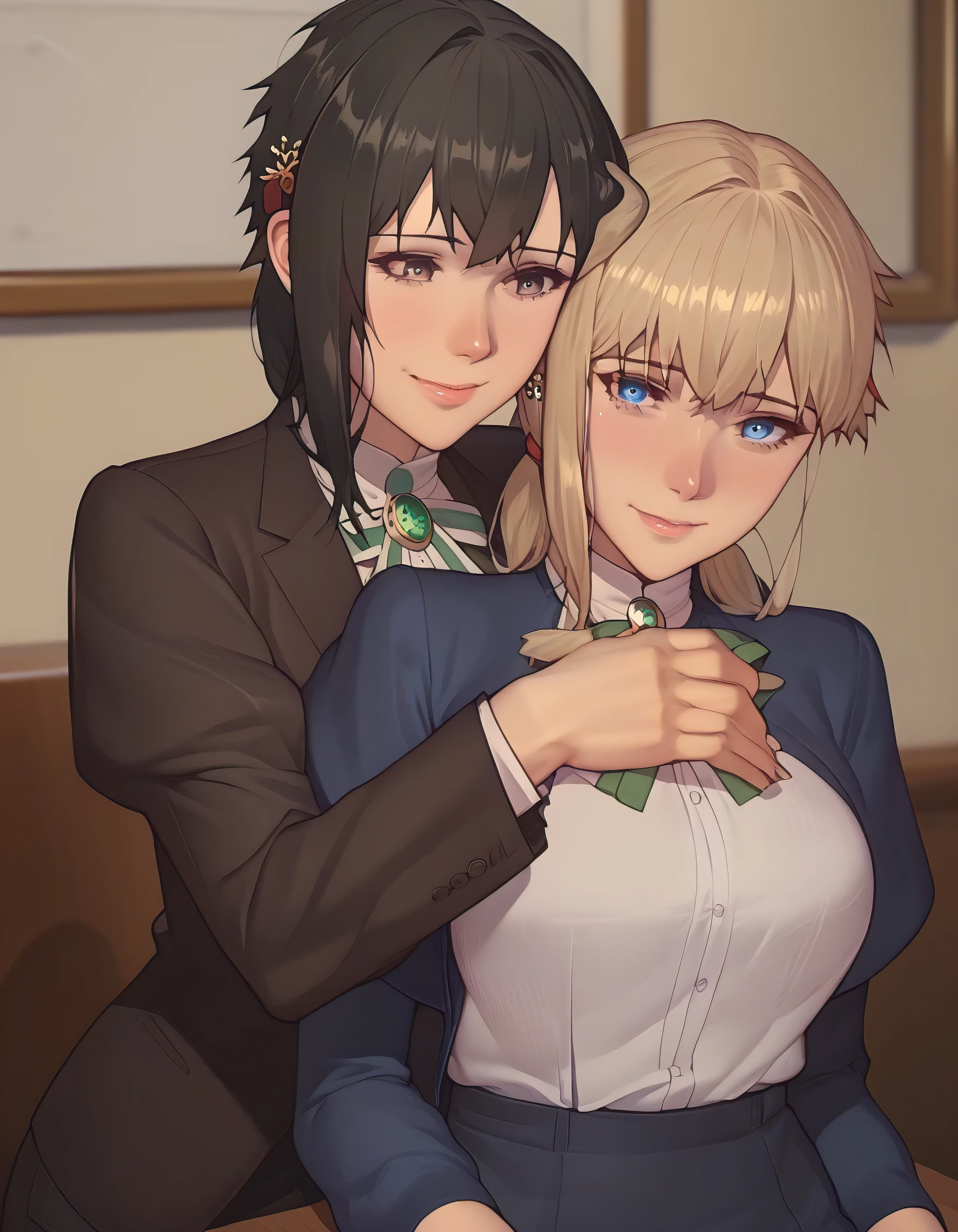 yuki yokoya and violet evergarden, two anime girls with big breasts, touching pose, sitting body shot, camera angle profesional, wearing office shirt, oppai, oppai proportions, two beautiful anime girls (yuki yokoya and violet evergarden), big breasts!, big breasts!!, anime girls, with a large breasts, twintails, beauty eyes, faint smile on her face, hd, high quality image, head accessories, posing at tokyo street with sunny weather