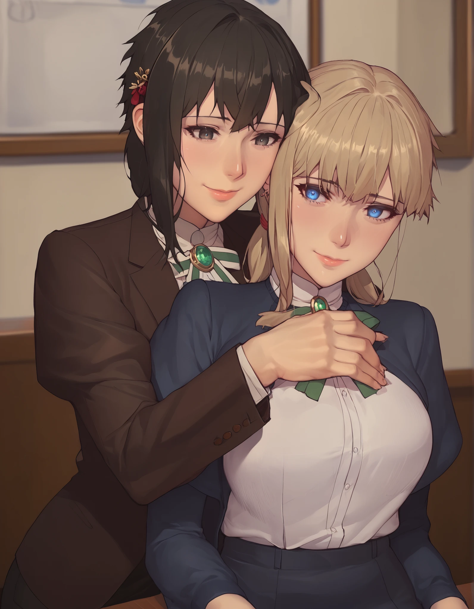 yuki yokoya and violet evergarden, two anime girls with big breasts, touching pose, sitting body shot, camera angle profesional, wearing office shirt, oppai, oppai proportions, two beautiful anime girls (yuki yokoya and violet evergarden), big breasts!, big breasts!!, anime girls, with a large breasts, twintails, beauty eyes, faint smile on her face, hd, high quality image, head accessories, posing at tokyo street with sunny weather