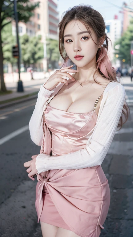 best quality, masterpiece, (photorealistic:1.4), 1girl, light smile, enjoying fresh air in car, white dress, pink hair, waist up, dramatic lighting, looking at the camera
