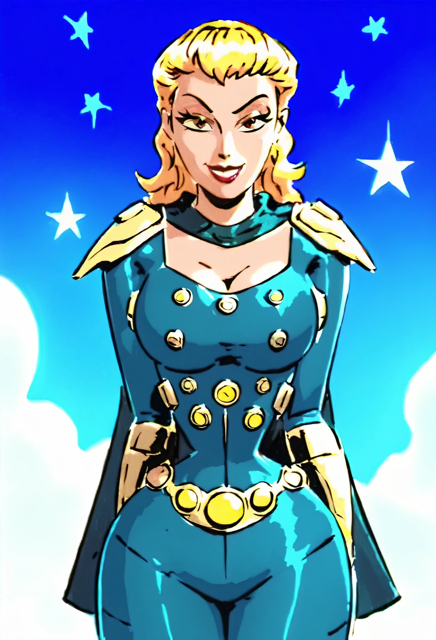 1 девушка, Один,  upper body,  ретро_art, 
,detailed face, (cowboy shot), (source_cartoon, source_anime), detailed eyes, masterpiece,    
seductive,nsfw,lewd,sensual,  large breasts, hips, , thighs,  adult, 
woman,1girl, ,  smirk, flirty eyes,   score_9, score_8_up, score_7_up, score_6_up, toontdcxl, traditional media, retro pin-up, 1girl, wide hips, , rating_explicit 1girl, solo,   renet,  lips, bodysuit, cape , brown eyes, (stars, sky)
(cartoon, anime),detailed face, (cowboy shot), (source_cartoon, source_anime), detailed eyes, masterpiece,    
seductive,nsfw,lewd,sensual,  large breasts, hips, , thighs, sexy pose,  adult, 
woman,1girl, , looking  at viewer, smirk, flirty eyes,       blonde, 
 