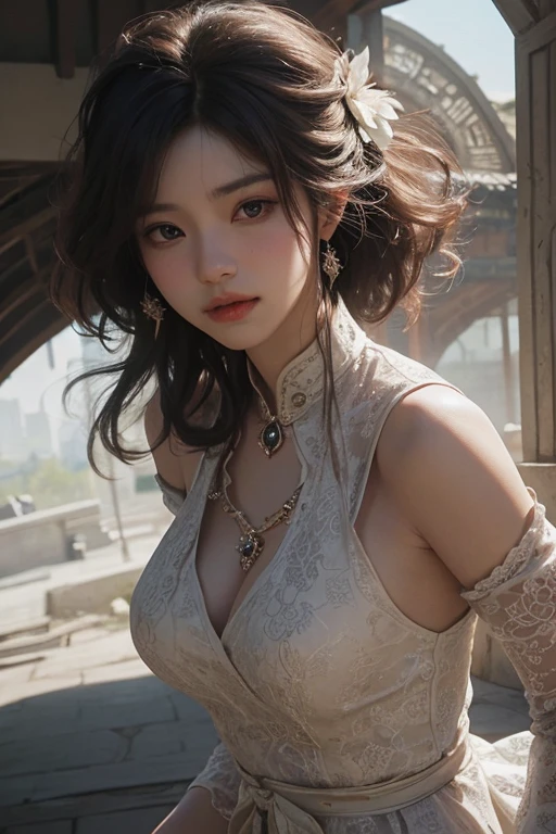 Official Art, Unity 8k wallpaper, ultra detail, masterpiece, best quality, one woman, (very detailed),(RAW photo, best quality), (realistic, photorealistic:1.3), high definition, open mouth wide, ultra-detailed complex 3D rendering of face, (big breasts: 8.8), (highly detailed skin: 1.2), (exposure: 1.1), Beautiful Caucasian woman with full soft breasts and white skin with big ass (topless), breasts, long gray hair, brown eyes, long hair, (translucent white dress), dynamic angle, mystical expression, fire glow effect, fantasy background, rim lighting, side light, cinematic light, ultra high definition, 8k, film grain,best shadow, light particles, detailed skin texture, Detailed gem armor texture, detailed face, intricate detail, super detailed, bright, strong, gold armor, cleavage, have glowing weapon, have shield, pole dron, (()), glowing eyes, long red cloak, fantasy, (realistic),