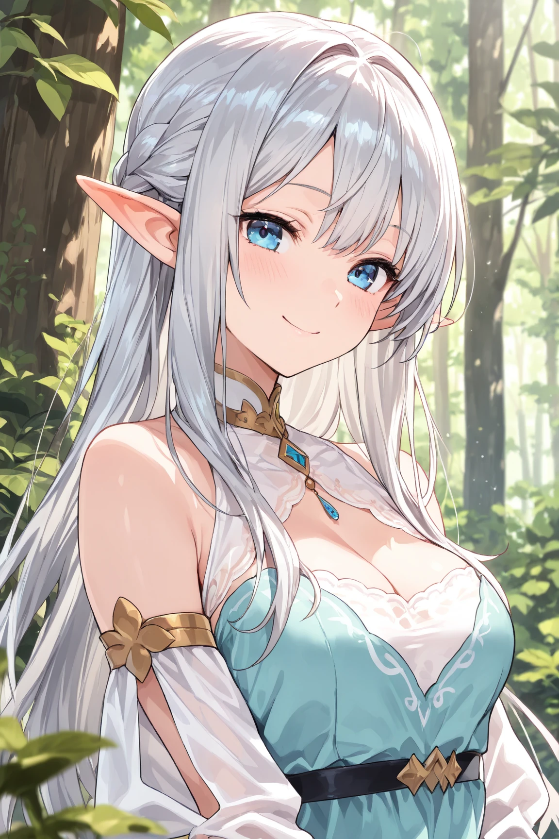 ((masterpiece)), ((highest quality)), (super detailed), ((cute)), cute, (Lovely), ((sexy)), (device), ((very detailed)), (fine eyes), (detailed facial features), (finger details), (Detailed clothing characteristics), 4K, (8K), (beautiful), figure, Upper body, walk, forest, daytime, a cute girl, 1 girl, alone, (Mage clothes), Elf Dress, ((beautiful white hair)), beautiful blue eyes, ((beautiful eyes)), twin tails, necklace, smile, blush, shiny