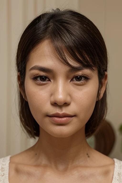 Cute and Beautiful thick asian woman, pale skin, Close-up photos, Photos taken with Canon EOS R5 DSLR camera, light, Super real photos, intricate details, Her face is very delicate, realistic, detailed skin pore, sfw, small eyes