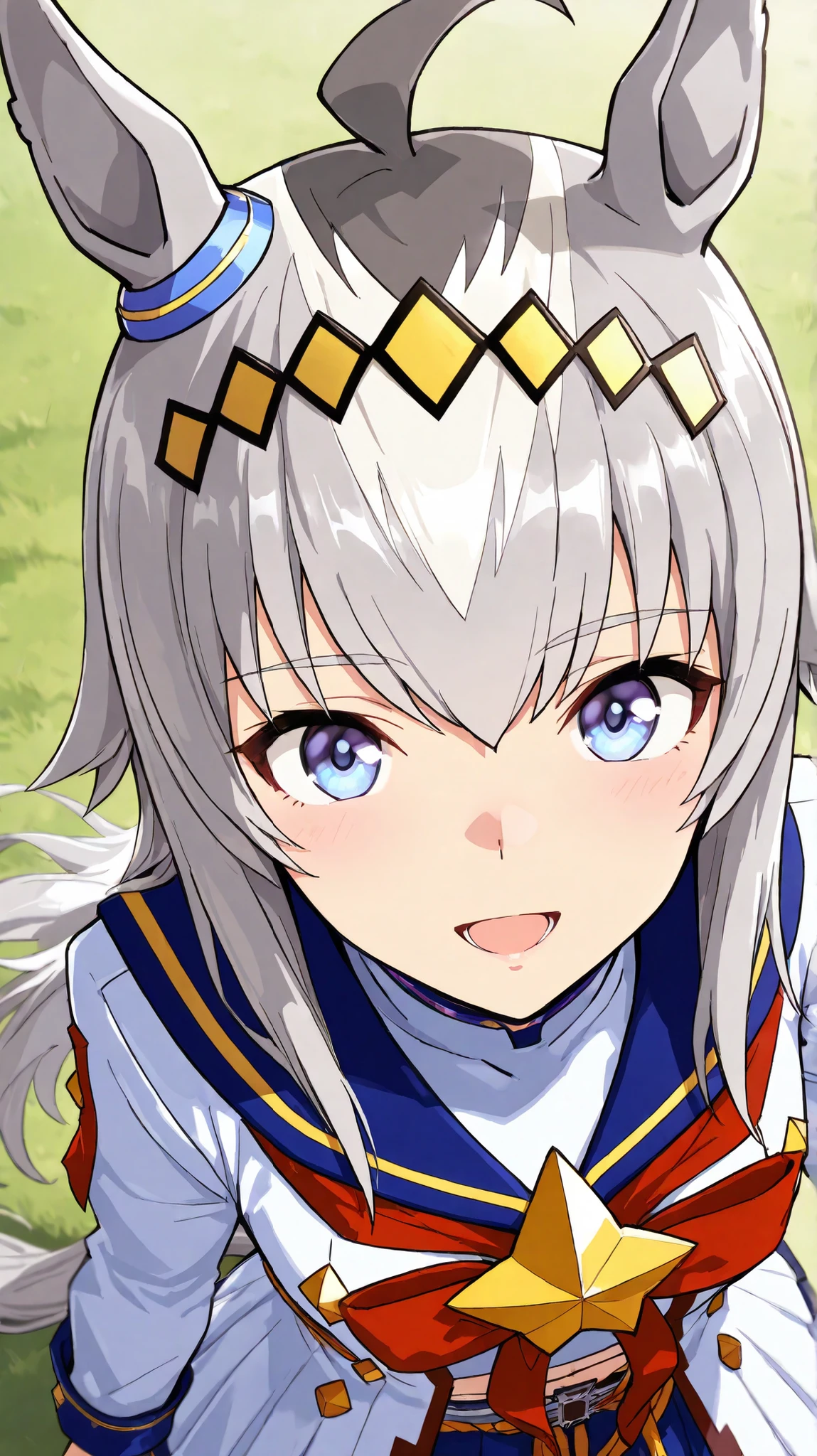 Oguri,,umamusume
High quality , best quality , masterpiece, High Resolution , detailed face( LoRA: Oguri),anatomically correct, detailed hair(LoRA: Oguri) ,detailed bangs(LoRA: Oguri),anime coloring
solo, 1 girl, , long hair, horse ears, grey hair, ahoge, horse tail, blue eyes,multicolored hair,
Oguri_race,sailor collar,white shirt,midriff,blue skirt,white coat, Long sleeve, pantyhose, boots,
close up , looking at viewer ,from above,upper body
field,
, smile, open mouth, Expressionless