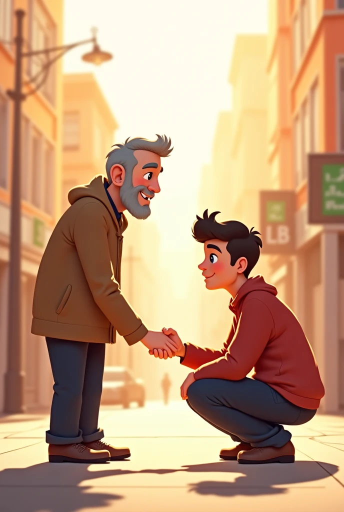 Create a drawing of a young bald father telling his son that he loves him with the rock sign 