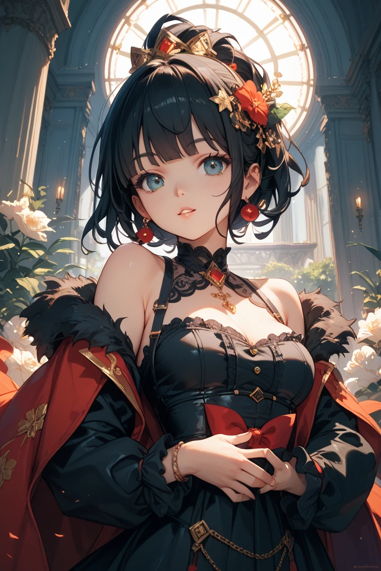 yor briar, anime style beutiful woman, 1girl, happy, sexy pause,(with sparkling eyes and a contagious smile:0.9),red face, closed mouth, beautiful detailed eyes, super detailed skin, backlighting, bare shoulders, black background, black dress, black gloves, black hair, breasts, dress, earrings, fingerless gloves, floating hair, floral print, flower, gloves, gold earrings, gold hairband, hair flower, hair ornament, hairband, holding, holding weapon, jewelry, large breasts, long hair, looking at viewer, off-shoulder dress, off shoulder,red eyes, short hair with long locks, sidelocks, solo, spikes, thighs, two-sided dress, two-sided fabric, weapon, fighting stance , face, close up, from above, highest quality, looking at viewer,high resolution.