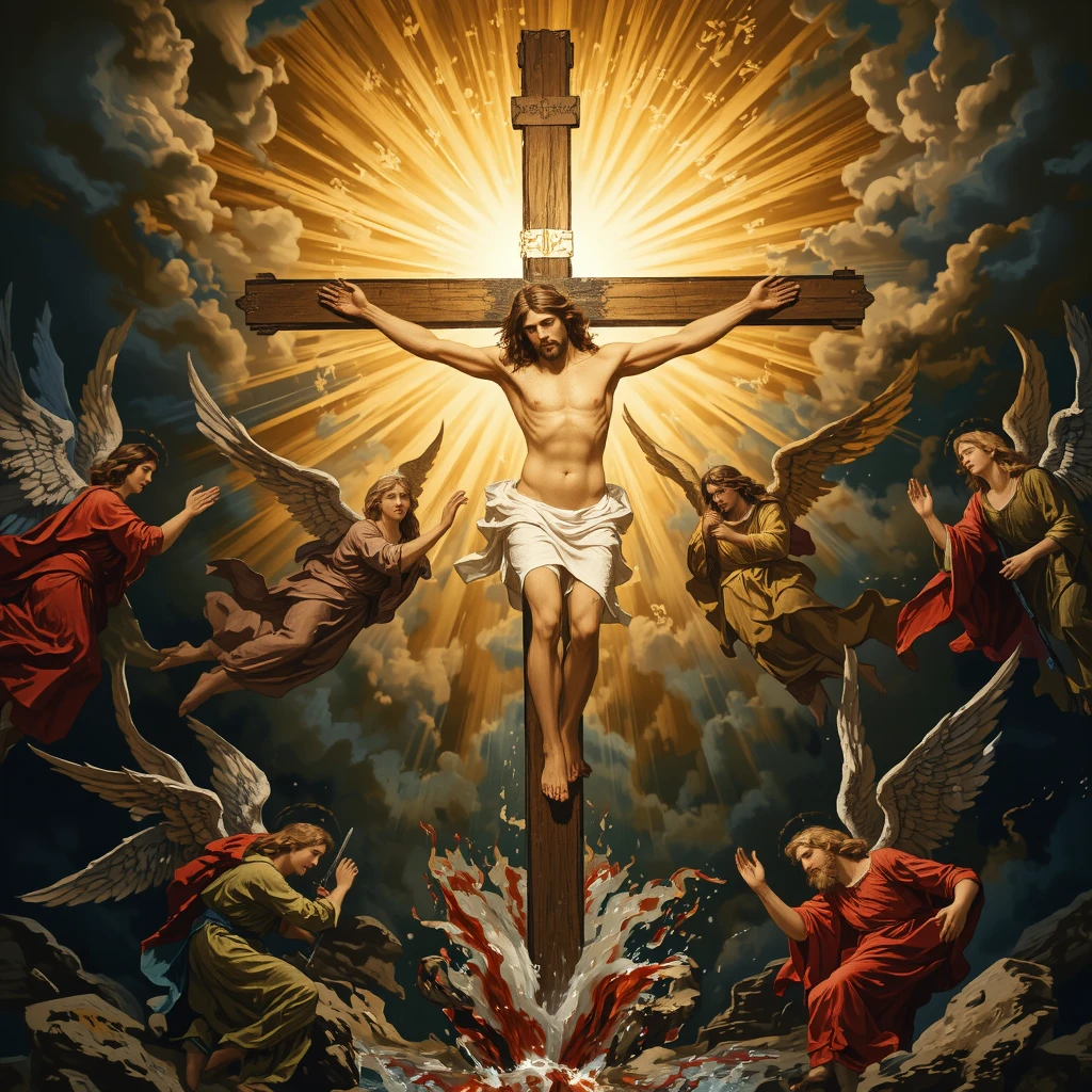 The description of Jesus on the cross with radiance around it may be an artistic representation or a symbolic interpretation of the crucifixion of Jesus Christ. Many artists throughout history have created paintings and artworks that depict the crucifixion of Jesus with symbolic elements, like a halo or a glow around your head or body.

O halo, often depicted as a circle of bright light around Jesus' head, It is a common symbol in Christian iconography. Ele representa a santidade e a divindade de Jesus. Artists use symbolic elements like this to convey the spiritual and religious message of their works.

The crucifixion of Jesus is a central event in Christian theology, where he was crucified on a cross as a sacrifice for the sins of mankind, according to Christian belief. The artistic depiction of this event often incorporates symbolism to emphasize the divine nature of Jesus and the redemptive importance of his death.

Remembering that the visual representation of religious events can vary widely between different artists, Cultures and historical periods. Portanto, the image of Jesus on the cross with radiance around it is an artistic and symbolic interpretation of this significant religious event.