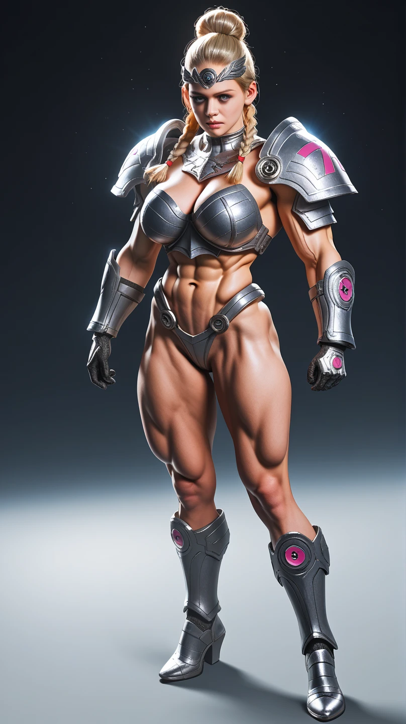 realistic photo of 1 fashion girl blonde blue eyes Alexis Texas, detailed face,1girl, abs, armor, armored boots, bikini armor, blonde hair, blue eyes, blue skin, blush, boots, breasts, cleavage, colored skin, drill hair, fingerless gloves, full body, gloves, hand on hip, high heel boots, high heels, large breasts, long hair, looking at viewer, muscular, muscular female, navel, pauldrons, pointy ears, shoulder armor, smile, solo, standing, thick thighs, thigh highs, thighs, tiara, toned, twin drills, twin tails