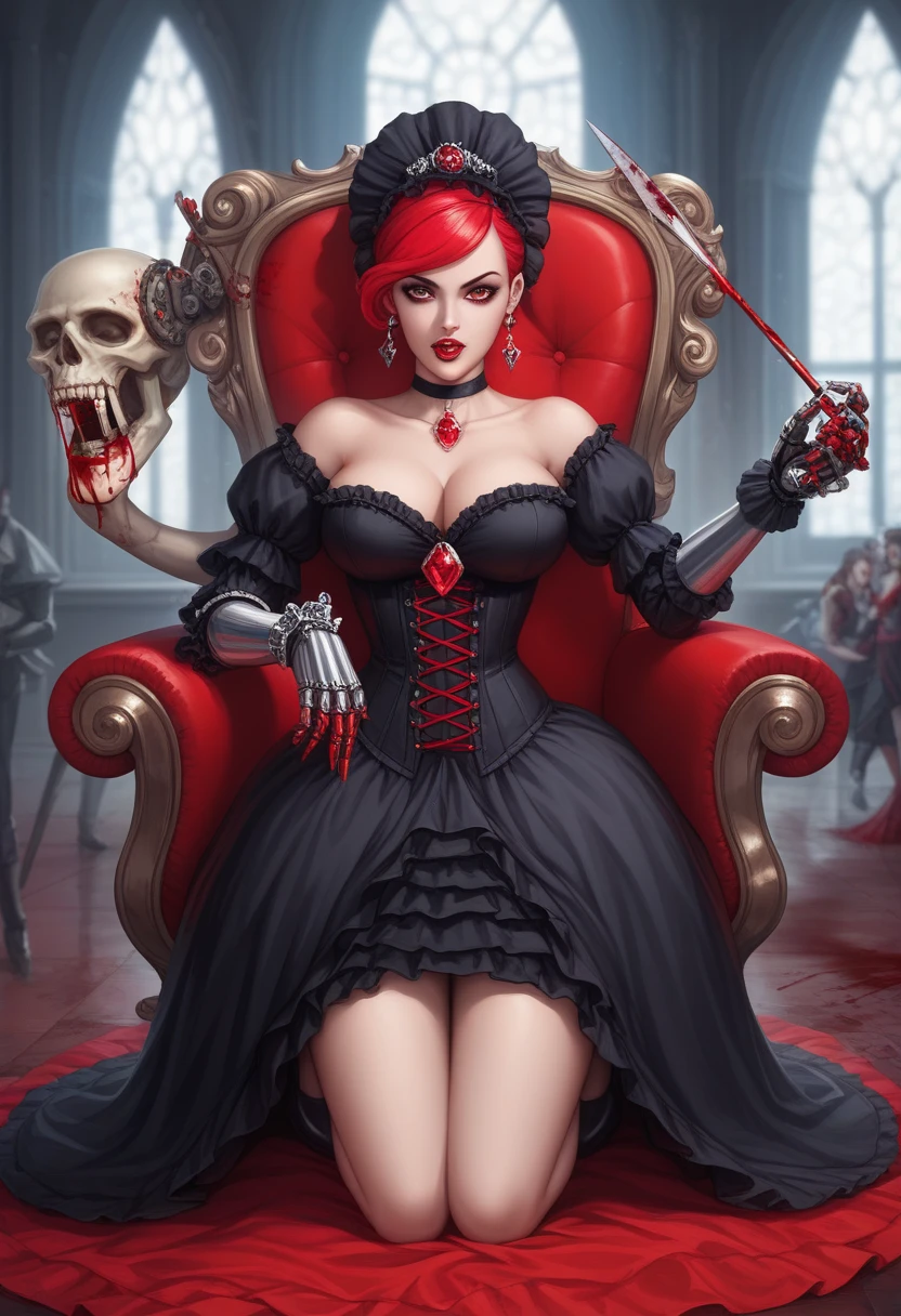 ((Best quality)), ((masterpiece)), (detailed: 1.4), (Absurd), Spawn woman, reborn from hell with several small demons and skeletons at her feet, beautiful, red hair, long shed with her legs out, crown with two long ciphers, full body, perfect body, generous neckline, hellish scene