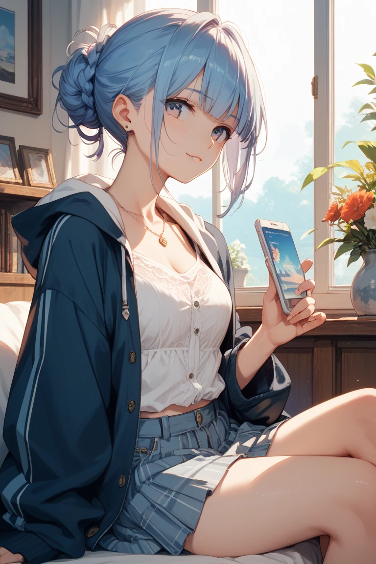 1girl, young girl, blue eyes and white hair, camisole, 18 years old, medium size, holding a smartphone, belt, in the room, balcony outside, sitting, from side, e, thighs, sideboobs