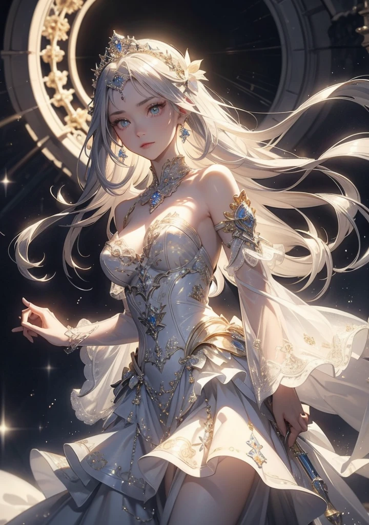 "An elegant woman wearing a stunning dress inspired by Suites playing cards. The dress features intricate cup patterns, diamonds, swords and clubs, with gold and silver details that shine in the light."
