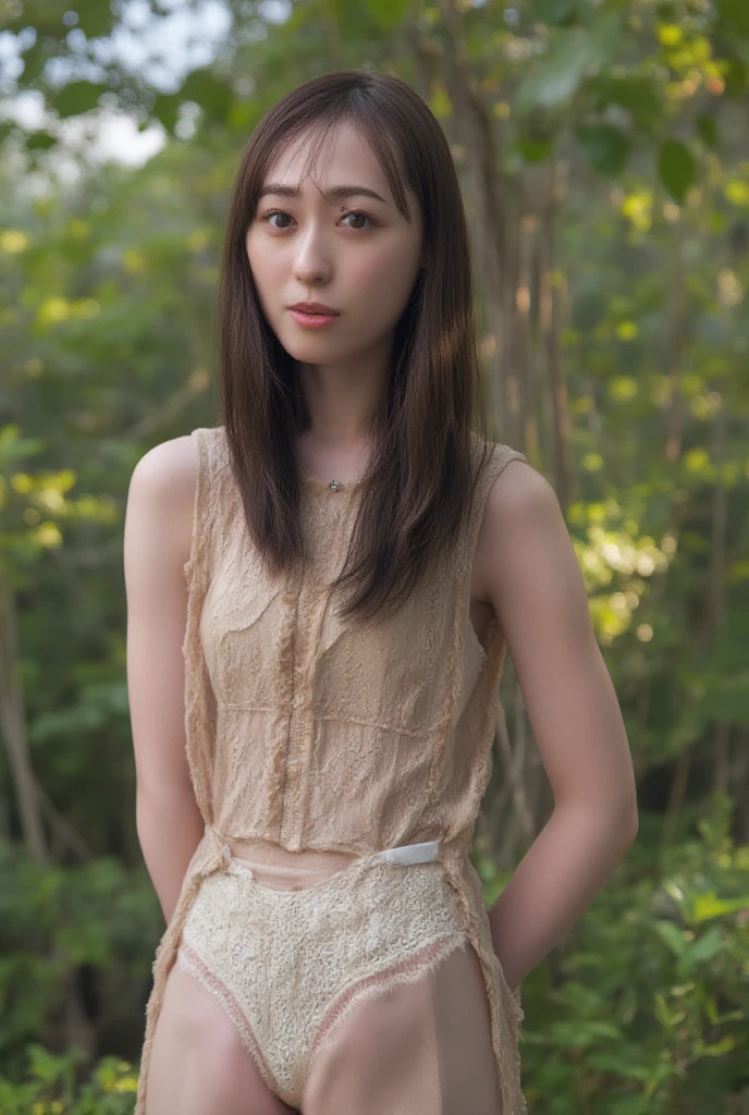 RAW photo, subject,1girl,standing,forest,tree,upper body, sunlight,(bokeh:1.2),arms behind back,