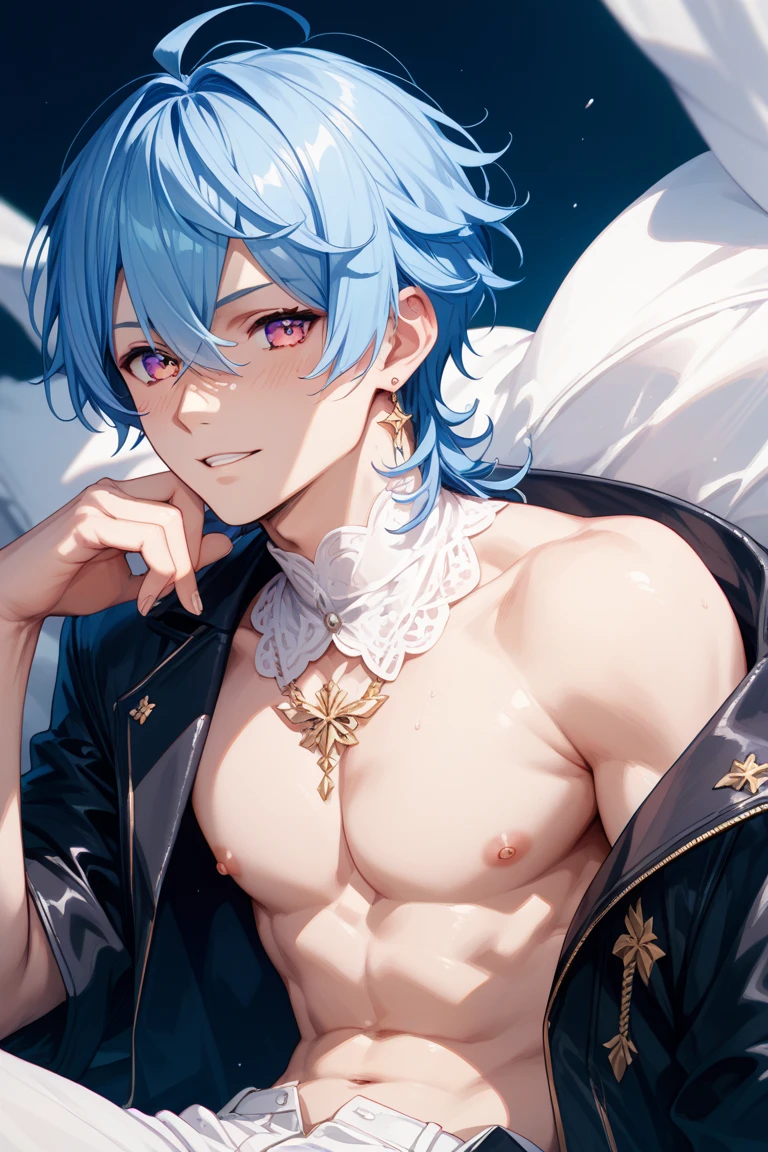 absurdres, highres, ultra detailed, HDR, master piece, best quality, Edmond, light-blue hair, expressive blue eyes, Nu Carnival, solo, sexy man, handsome, horny, lewd, black priest robes, accessories, showing the chest, cross necklace, priest, white gloves, fantasy, magical, white roses, white petals, blue sky, church