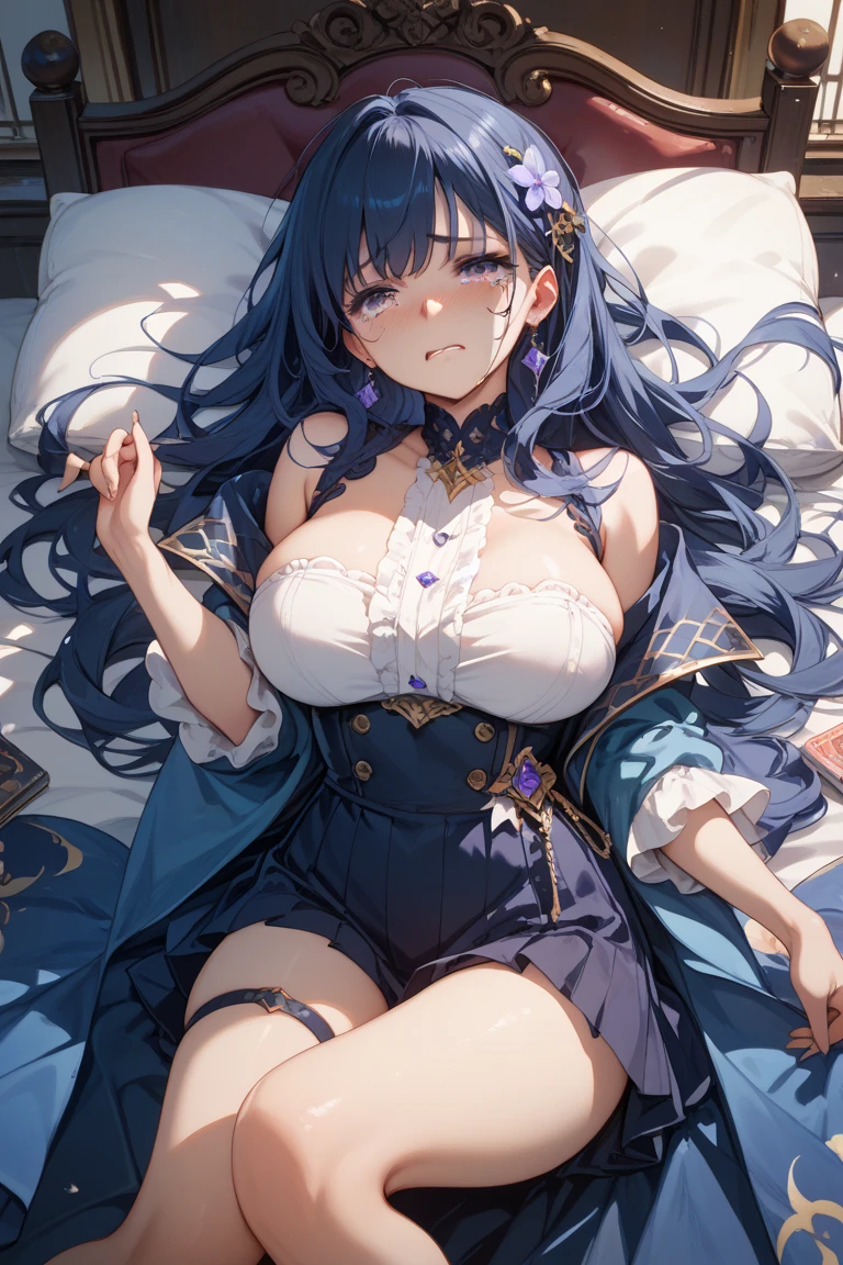 8K、top-quality、An ultra-high picture quality、ultra-detailliert、animesque、Ultra-realistic flesh feeling、portlate、full bodyesbian、Sleeping sexy beauty、Crab crotch、piece、Cross-eyed、Put out the velo、arms in arms、Raising the chest、Turbid water in the crotch、collarbone visible、Long blue hair、Blue eyes、shinny skin、Very gigantic-breasts、ample breasts、extremely big ass、shinny skin 、Bed with white sheets on background --auto --s2