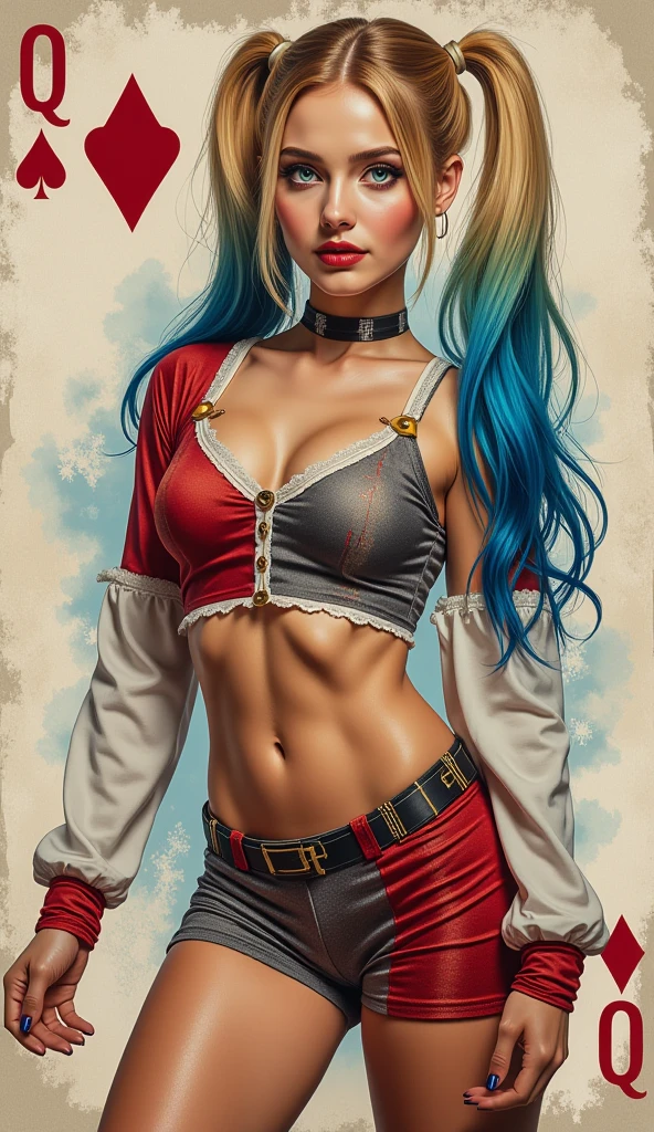 Harley Quinn, 1girl, solo, long hair, breasts, smile, open mouth, skirt, thighhighs, gloves, navel, holding, twintails, jewelry, blue hair, jacket, weapon, pink hair, heart, multicolored hair, one eye closed, shorts, midriff, belt, miniskirt, fingerless gloves, nail polish, crop top, gun, short shorts, makeup, piercing, lipstick, pale skin, red jacket, handgun, eyeshadow, revolver, heart tattoo, studded belt, shiny skin, specular highlights,big