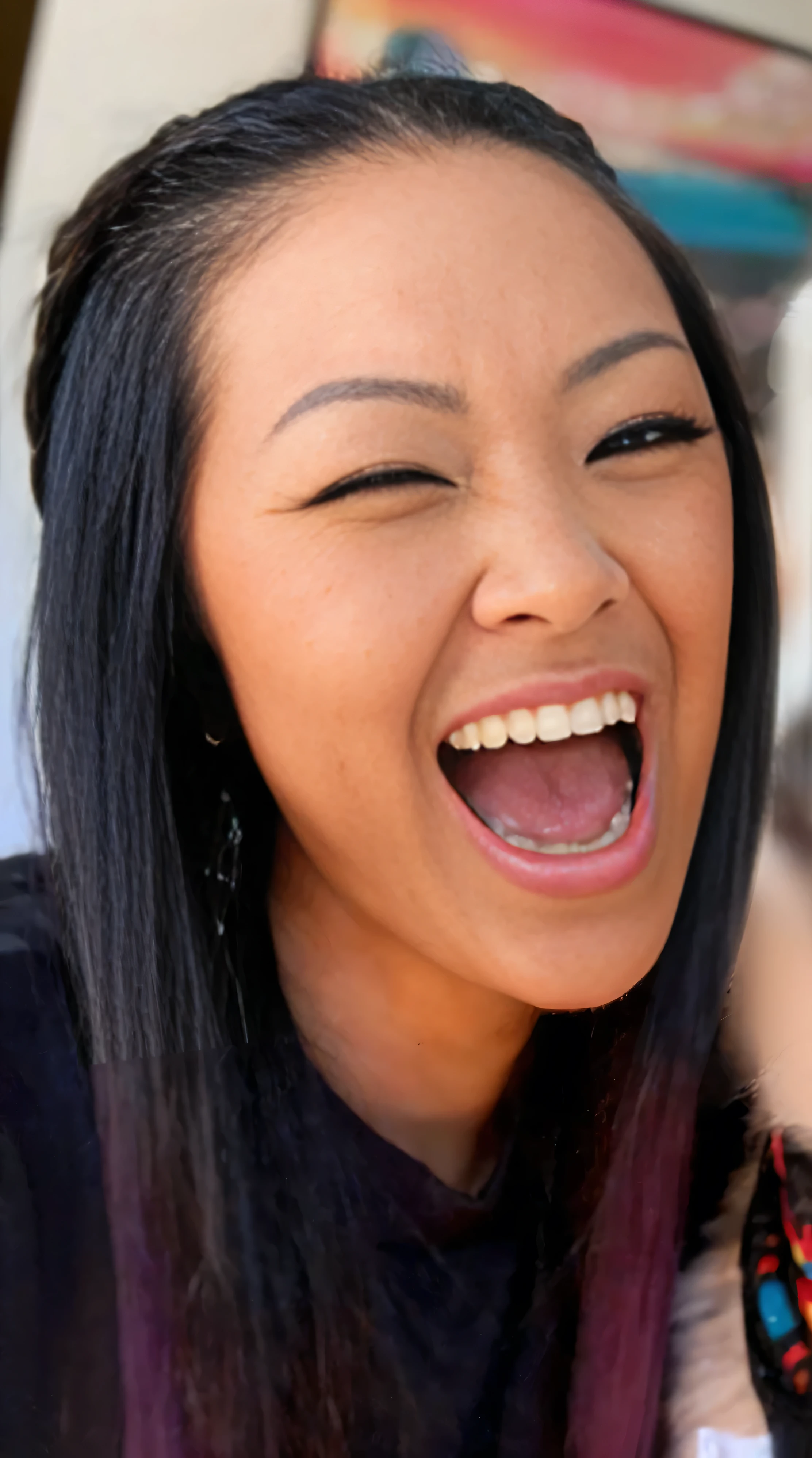 (((PORE LEVEL DETAIL!!!))) (WET SHINY SKIN) Japanese girl OPEN MOUTH smiling ((Perfect detailed teeth)), she is laughing, she expressing joy, laughing, young cute wan asian face, with wide open mouth, excited facial expression, beautiful long detailed shiny black hair, captivating and enticing, (Detailed perfect facial details), (((ultra detailed skin, Lifelike, 4k hd, DSLR, lifelike, masterpiece, natural lifelike perfect color, perfect clear lighting, breathtaking lifelike details, perfect anatomy, super detailed skin, beautiful face ultra-detailed hyper detailed face、Detailed lips、A detailed eyes, (realistic, photorealistic, photo-realistic:1.37) (Realistic), (RAW Photography), ((best quality)), (Detailed perfect facial details), ((((hyper real photo, hyperrealistic, hyperrealistic picture)) , perfect anatomy, super detailed skin, (((ultra detailed skin, Lifelike, 4k hd, DSLR, lifelike, masterpiece, natural lifelike perfect color, perfect clear lighting, breathtaking lifelike details