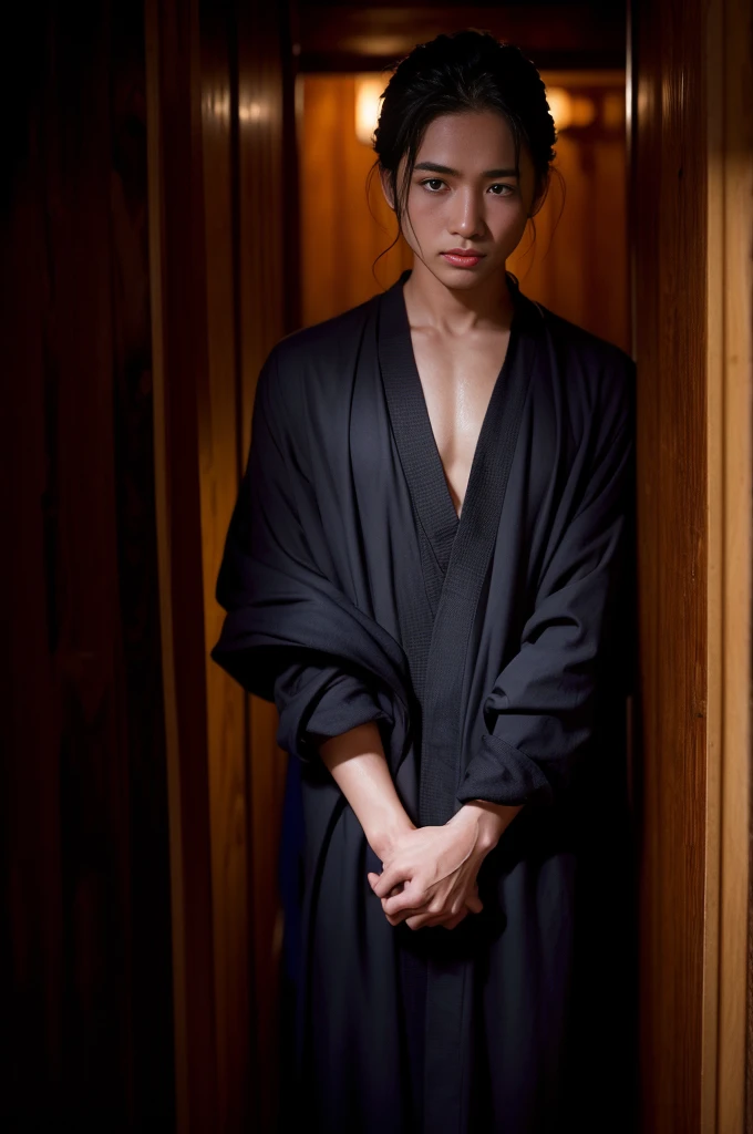 A woman, 23yo, wearing a purple and black robe, open in front, untied robe, stands in a Chinese-style building