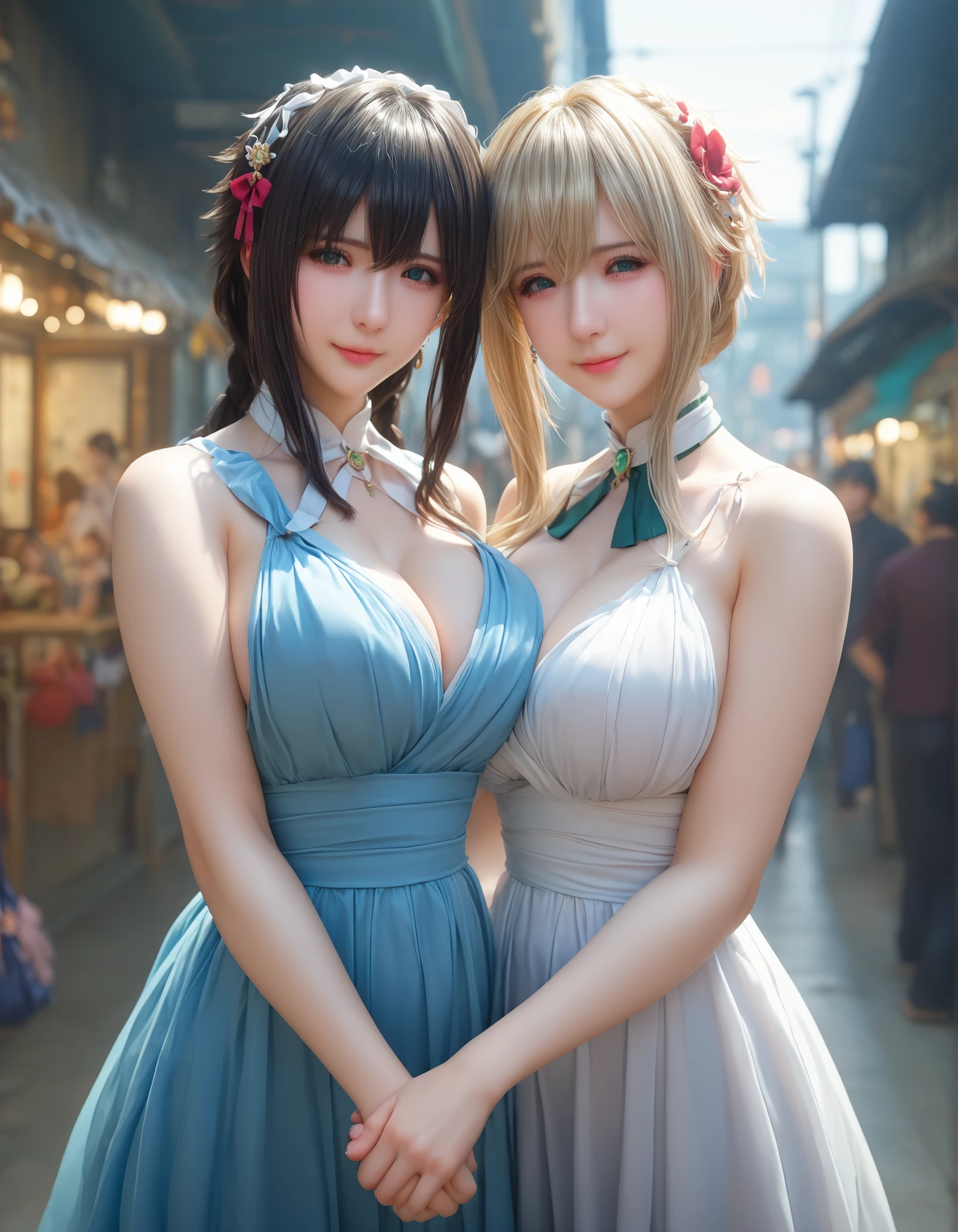 yuki yokoya and violet evergarden, two anime girls with big breasts, touching pose, full body shot, camera angle profesional, wearing long dres, holding women bag, oppai, oppai proportions, two beautiful anime girls (yuki yokoya and violet evergarden), big breasts!, big breasts!!, anime girls, with a large breasts, twintails, beauty eyes, faint smile on her face, hd, high quality image, head accessories, posing at tokyo street with sunny weather