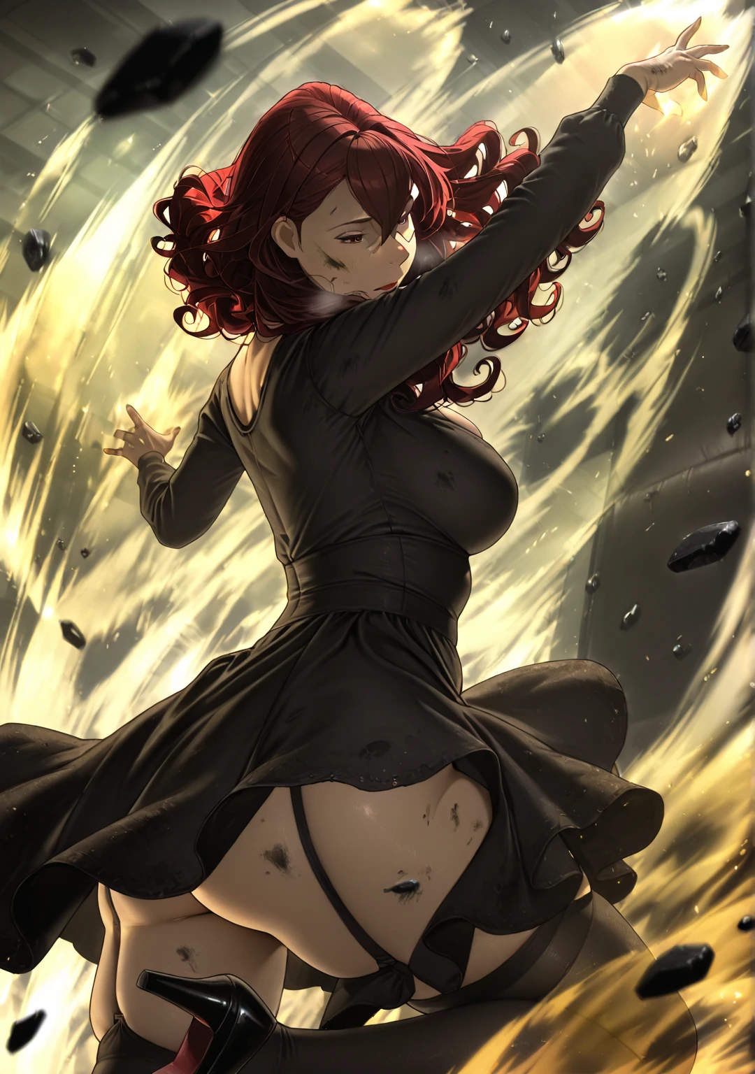 Sakuranotomoru, ((Cinematic, UHD, dynamic lights, high contrast)), comic, score_9, score_8_up, score_7_up, score_6_up, score_5_up, score_4_up, uncensored, detailed background, vignetting, masterpiece, Cinematic, high quality, absurdres, best quality, very aesthetic, newest, digital art, trending on ArtStation, ((anatomical correct)), perfect body, perfect eyes, perfect fingers, gasping, heavy breathing, gasping profusely, cinematic, ((skindentation)), ((curvy)), femieanneww, mature female, red eyes, red hair, long hair, curly hair, hair between eyes, lipstick, plump, 1girl, ass, breasts, solo, dress, thighhighs, high_heels, looking_at_viewer, black_dress, long_sleeves, thighs, black_footwear, telekinesis, debris, looking_back, no_panties, parted_lips, black_thighhighs, looking down, facing up, shaded face, dirty, ((aura))