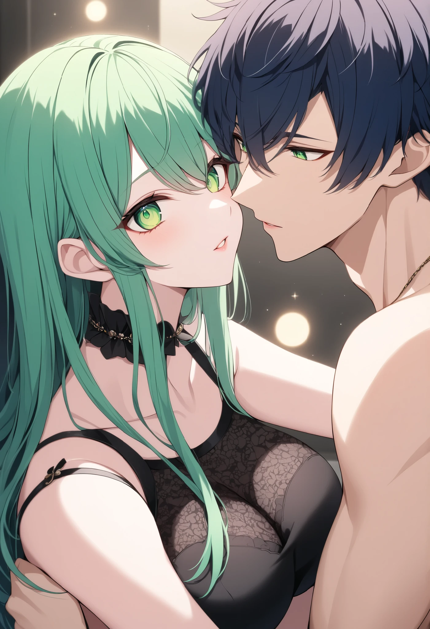 top quality、high resolution, 2 people , pair, Male-female couple,
big , has sex appeal,older sister,
big eyes, Baby-faced Long Hair,hair is green,Delicate green eyes ,
long green hair with light pink mesh , Beautifully Detailed Lips、 big breasts , big breasted ,
Man with dark blue hair close to black,The man's bangs are long and his back hair is short, long enough to hide his left eye, and wavy,
Man's eye color is gold,men wear planetary motifs,