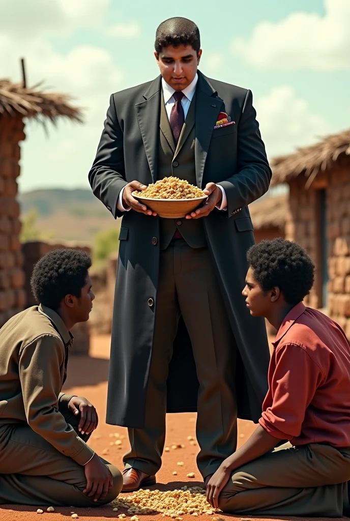 Fit non-african man eating around african hungry kids that have no food