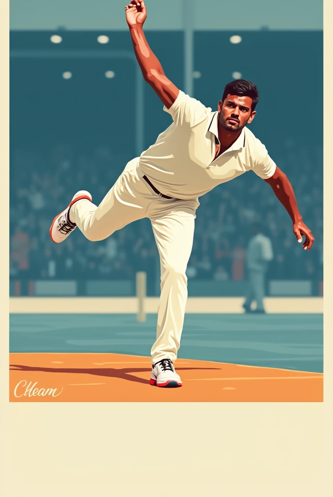 A stylized illustration of a cricket bowler in action. The bowler is ...