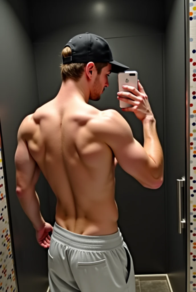 a handsome muscular blond naked British officer of the 19th century in one shirt stands in front of a mirror, admires himself and masturbates. He has a long and thick dick, big balls