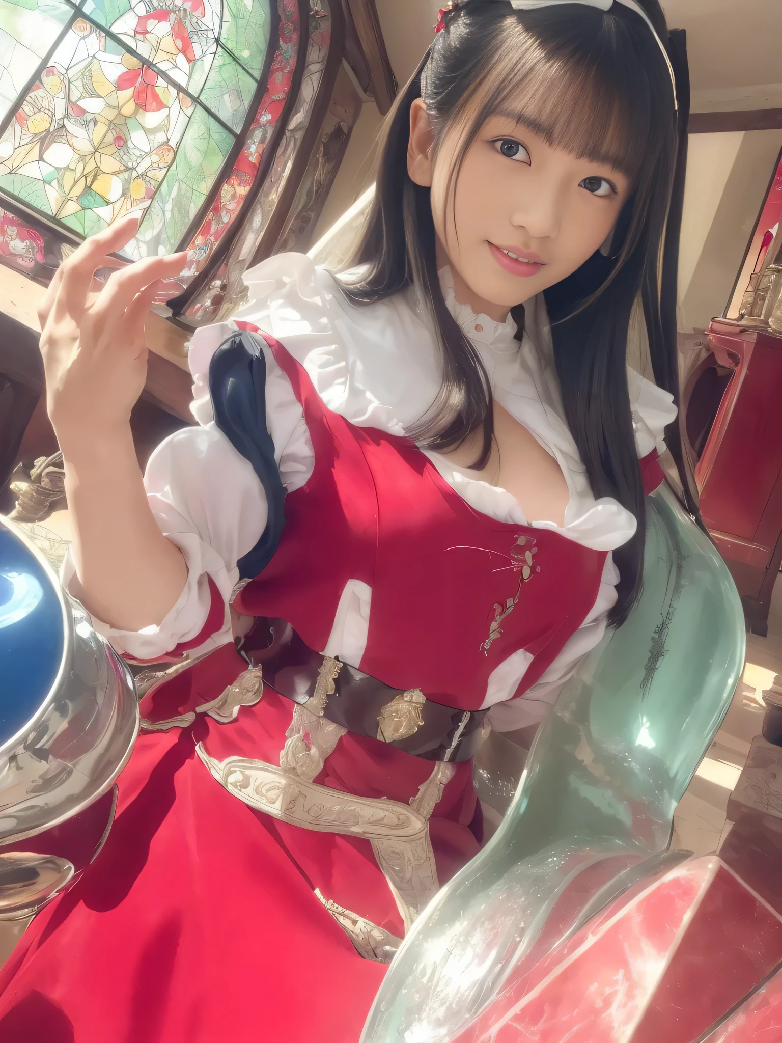 (((Max Video Quality、highest resolution、greatest masterpiece、8k)))、(((Detailed Faces)))(((cute face)))(((Baby Face)))(((Young contour)))(((lovely eyes and nose)))、((( Blizzard 10 )))(((model body type)))(((perfect poddy line)))、(((Big Breasts 2.0)))(((large cleavage by lapis lazuli 2.5)))(((nsfw)))(((black hair long straight)))、(((Portrait of a Girl in a Red Edwardian Maid Outfit 3.0)))(((solo 3.0))) Red Edwardian Maid Dress Red and White Edwardian Maid Outfit Girl in Japan maid outfit Red Gothic Maid Outfit Girl in Red Edwardian Maid Outfit Large Ruffled Maid Headband (((Shining Stained Glass Large Room with Shiny Marble Luxury furniture Lavishly Decorated Living Room))) large glass window Japan look at the camera adorable smile ((( Dynamic pampering poses )))((( Photo from the waist up))