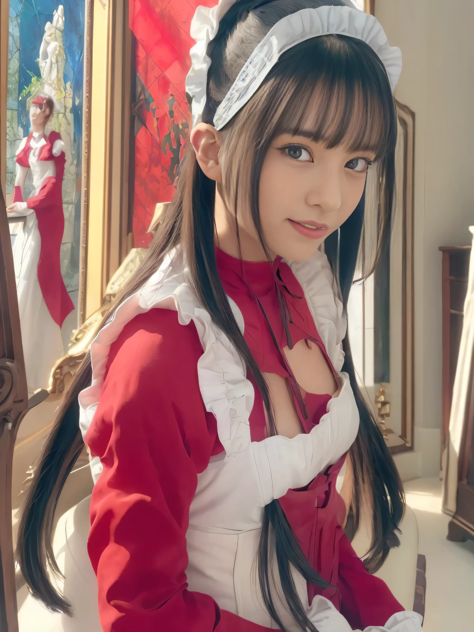 (((Max Video Quality、highest resolution、greatest masterpiece、8k)))、(((Detailed Faces)))(((cute face)))(((Baby Face)))(((Young contour)))(((lovely eyes and nose)))、((( Blizzard 10 )))(((model body type)))(((perfect poddy line)))、(((Big Breasts 2.0)))(((large cleavage by lapis lazuli 2.5)))(((nsfw)))(((black hair long straight)))、(((Portrait of a Girl in a Red Edwardian Maid Outfit 3.0)))(((solo 3.0))) Red Edwardian Maid Dress Red and White Edwardian Maid Outfit Girl in Japan maid outfit Red Gothic Maid Outfit Girl in Red Edwardian Maid Outfit Large Ruffled Maid Headband (((Shining Stained Glass Large Room with Shiny Marble Luxury furniture Lavishly Decorated Living Room))) large glass window Japan look at the camera adorable smile ((( Dynamic pampering poses )))((( Photo from the waist up))