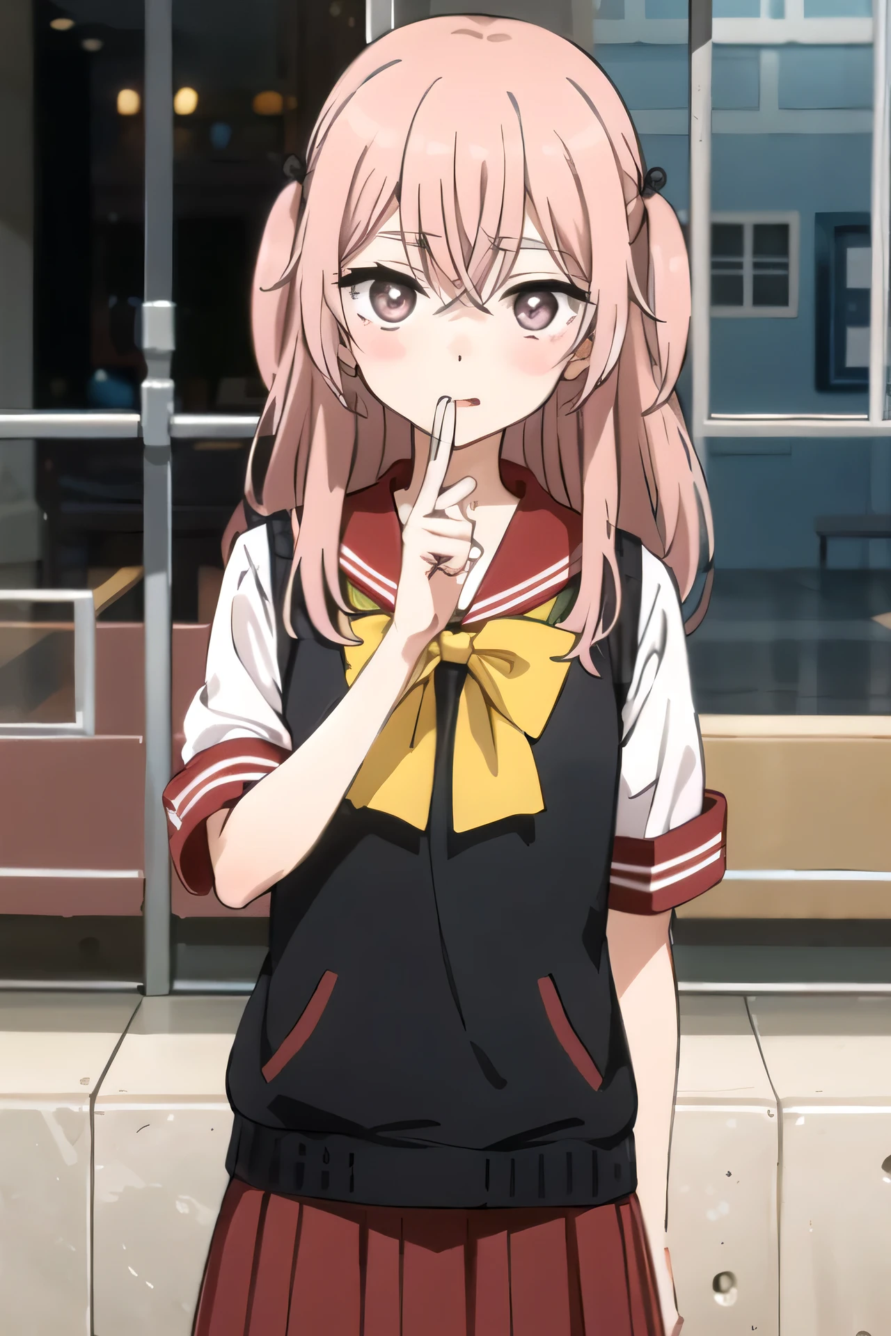 top quality、(masterpiece:1.2)、details、Inui Sajuna Juju、1 woman、solo、Mouth closed、pink hair、pink eyes、long hair、two side up、uniform、sweater vest、Black vest、red sailor color、red skirt、yellow bow、is standing、(angle:1.4 to)、watching the viewer、Outdoors、In front of school