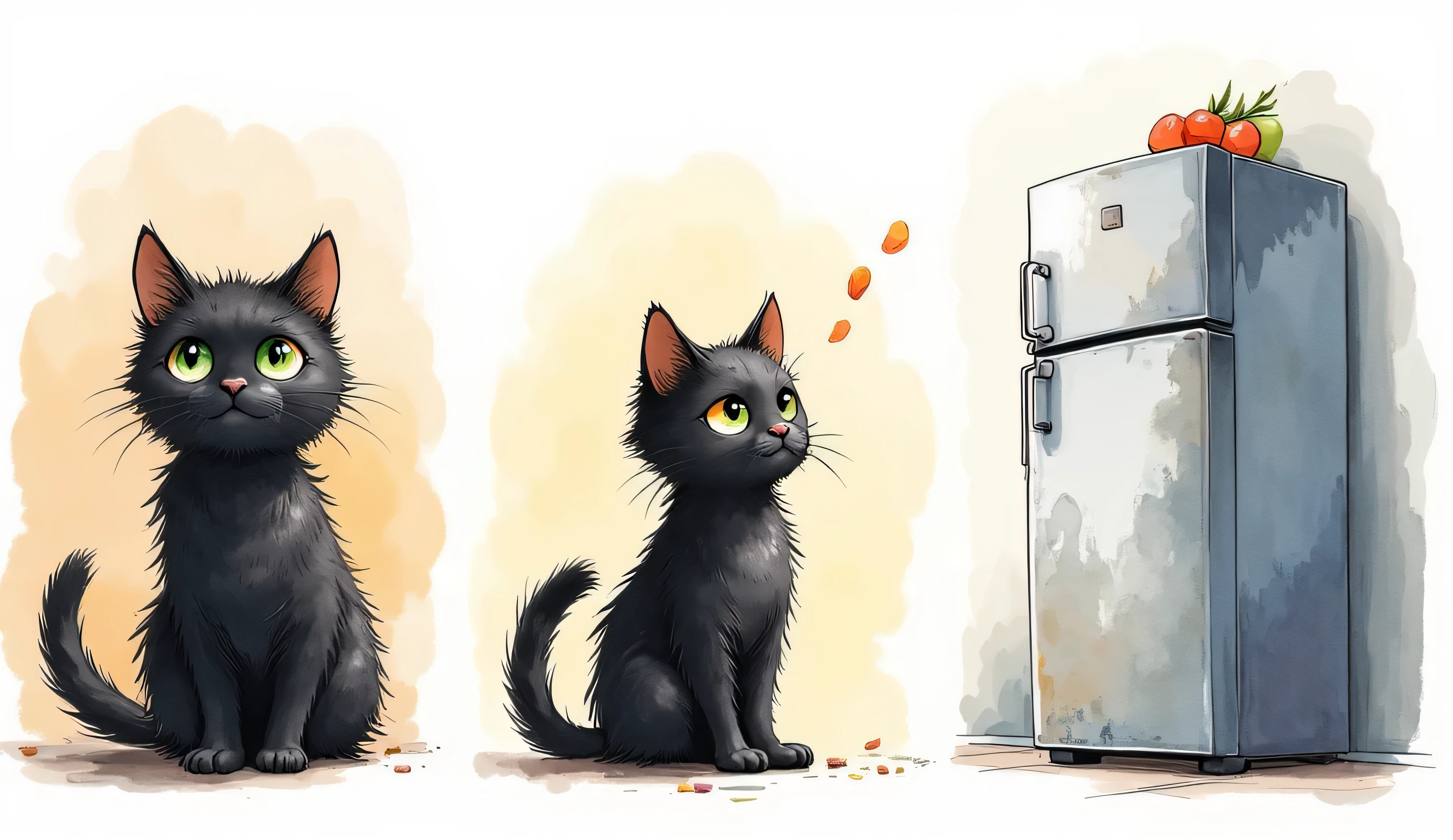 Create a ((three panel)) painting in the soul drawing style. Panel 1: a cat thinking about food. Panel 2: The same cat walked to a refrigerator. Panel 3 : The same cat in front of the refrigerator. Panel (The cat is cute, black, fluffy with big green eyes) (Watercolor paint style)