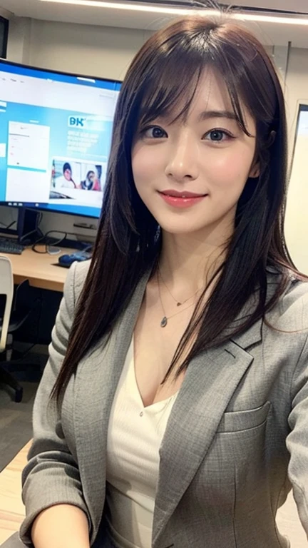 instagram photo, closeup face photo of 23 y.o Chloe in office uniform, cleavage, pale skin, (smile:0.4), hard shadows, running, after shower with wet hair,