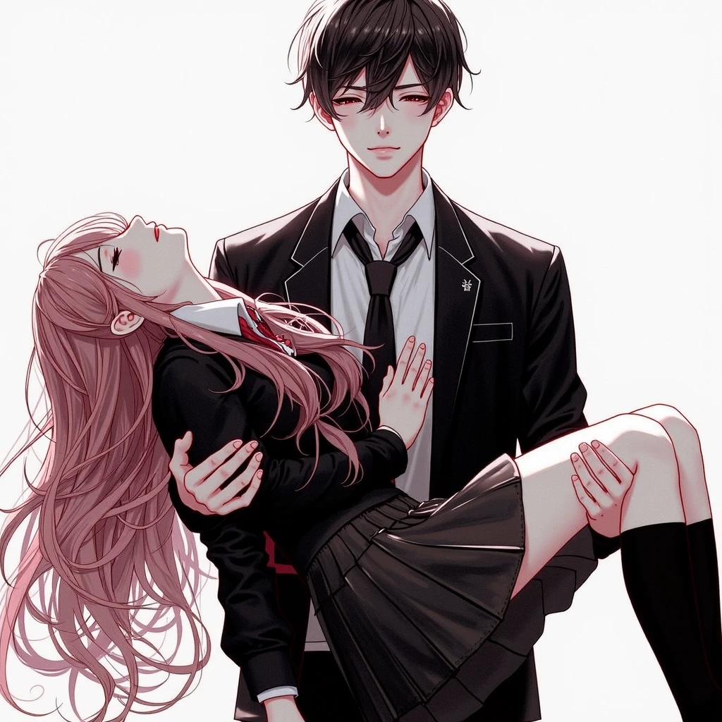 1 older woman with long, light pink hair,kissing a younger boy with short black hair,she is holding his head,(Tongue kiss), bloodstains,both with a white blouse and a black tie, White background, estilo chainsaw man