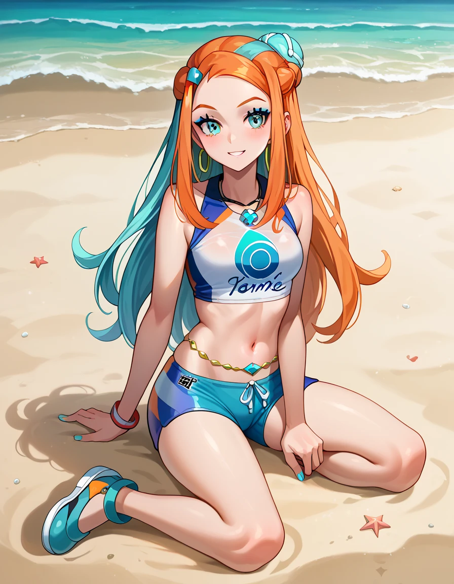 ((top-quality)), ((ighly detailed)), ​masterpiece, (detailedeyes, deep eye), (1girl in), cowboy  shot, Sonia, orange color hair, side poneyTail, Heart Hair Ornament, aqua eyes, Eyewear on the head, a smile, The bikini, 鎖骨, Have a Poké Ball, takeout, at sea