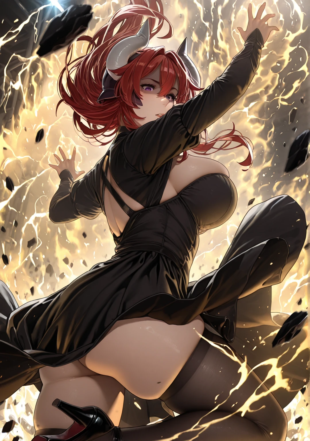 (masterpiece:1.2, best quality), beautiful, a 23yo woman, fiery hair, fire goddess, (glowing red eyes), extremely detailed face, beautiful detailed eyes, defined jawline, (perfect anatomy), wearing red armor, midriff, textured skin, hot lighting, flames, embers, measures 65-40-95, beautiful figure, confidant, wearing black leggins, big legs, highly voluptuous thighs, wears a black coat, fire powers, fire hero, big ass, solo girl,