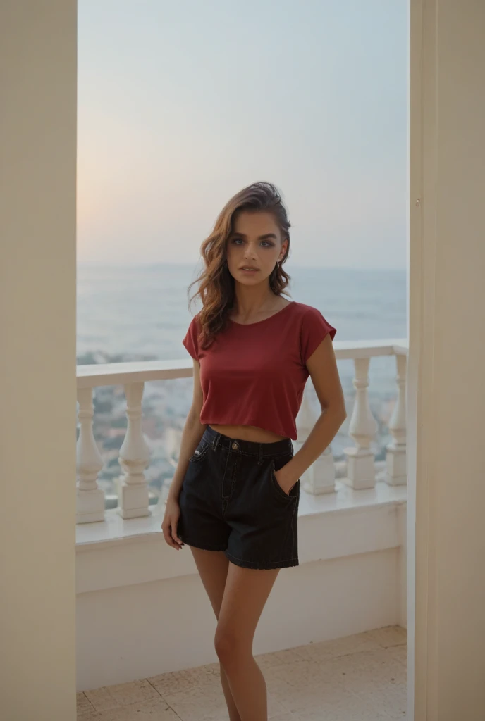 Spanish latin girl , dressing red mini skirt , full body , white sandals, black hair pony tails, flat chest