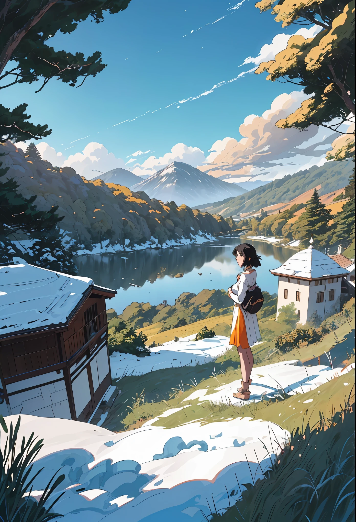 Masterpiece, hyper-detailed, anime oil painting by Makoto Shinkai (inspired by Studio Ghibli and fantasy illustrations). A small female knight stands relaxed and calm on a lush green hill in the foreground, her back to the viewer. She wears strong adventurer attire with a black, orange, and white color scheme, adorned with metallic trim and intricate stitched patterns (1girl). She gazes towards a massive walled city in the distance, located in a wide valley amidst lush green hills. The city, bathed in atmospheric perspective, is an intricate tapestry of 1000 densely packed houses with varying roof shapes and colors, all surrounded by sprawling green fields and fortified walls. Scattered lush trees with varying shades of foliage enhance the landscape, while higher green hills frame the view and recede into the distance with subtle color and clarity variations (1bigcity). Majestic mountains in the background showcase layered rock formations and delicate light refractions on their snowy peaks. Gentle wind moves the grass and clouds, adding lifelike motion. The sky transitions from azure blue to golden tones, decorated with vivid cumulus clouds that radiate magic. Dynamic lighting and vivid color gradients create a subtle glow across 10 layers of art elements, harmonizing the composition between the foreground hill, middle-ground valley, and background mountains. The brilliant blue sky, alive with the interplay of light and shadow, casts soft natural light, enhancing the anime-inspired reflections and the balanced, immersive scene, genshin+impact