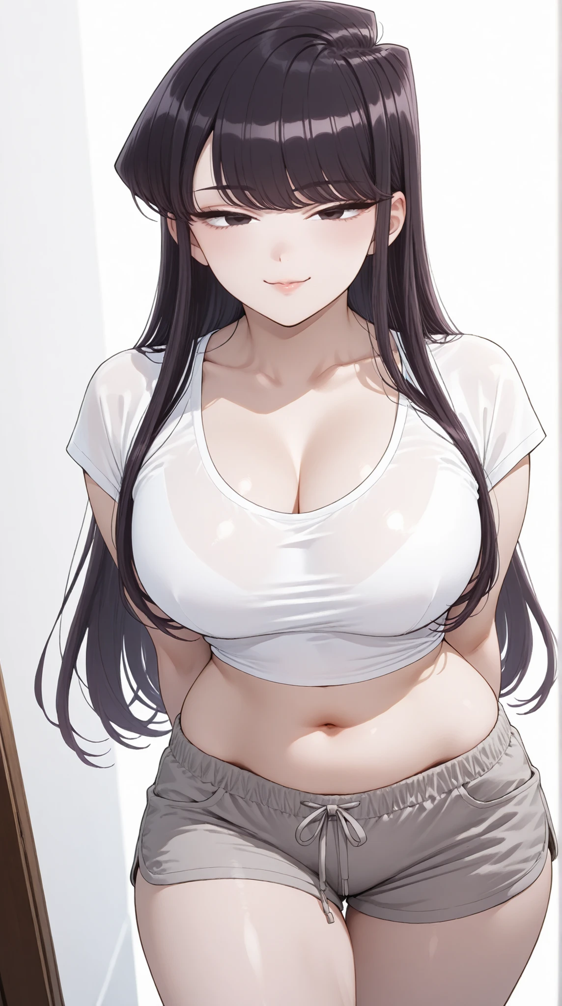 masterpiece, extremely detailed, intricate details, more details, many details, perfect skin texture, 8k, 8k resolution, solo, 1girl, adult,((fullbody)), stand up, komi_shouko, sexy legs, perfect body, large breasts, white t-shirt, grey shorts, housewife, soft light, high detailed, best quality, midriff, navel, navel line, belly, bare belly, sexy, hot girl, hot woman, big breasts, sexy girl, sexy woman, korean face, beautiful, thick thighs, thigh thighs, upper body, t-shirt, beautiful girl, beautiful woman, hot pose, perfect hands, wide hips, expressive, looking at viewers, front look, sexy pose, photography, white plain background, white background, mature, cleavage, girlish face, shouko komi, long hair, bangs, black hair, black eyes, half-closed eyes, cowboy shot,((white plain background))