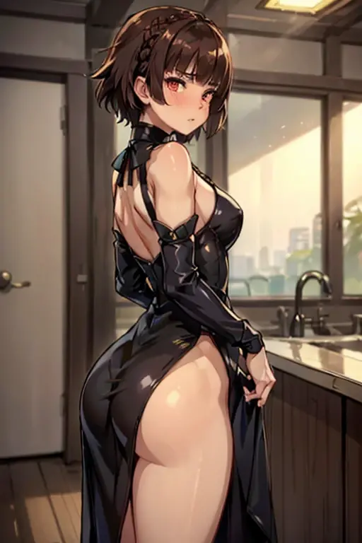 makoto_niijima_in_a_shiny_cheongsam, dress_covering_ass, long_dress, smooth_fabric, view_from_side, side_view, bare_shoulders, beautiful_small_ass, ass_covered_by_dress, thin_legs, colorful_dress, turning head, brown_hair, short_hair, blunt_bangs, crownbraid, red_eyes, skinny, shy, embarrassed, blushing, shy_expression, unconfident, beautiful, high resolution, 8k