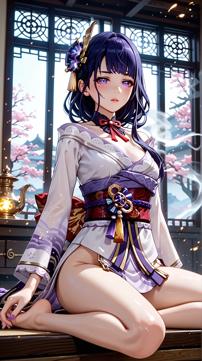 (((((roll up bandage sideways on a  chest tightly to cover the chest without gaps))))),  (((bandage samweways))),, ((Japanese Gangster BOSS)), adult woman with the dignified presence, Killing Qi, wear nothing around shoulder, wear nothing around neck, wear the kimono, wear it below the waist, (I wind it up to control it, and to attach it),  ((kimono come off)) ,wear the kimono multiple times, Bare shoulders and the clavicle, black and gold kimono, put on over jacket of kimono, (holding a japanese sword which shine in purple, The handle of the sword is black, and the blade is gray, long sword), eye fire, low angle, whole body, anime character, Glaring, off sholder, nappropriate smile, Excellent, black blue hair, can see both shoulder, ((long kimono hem)), small face, ((some cherry blossam big tattoo on the arm)), ((background Japanese gate with circlr mark)),muscular,drink sake,fullmoon in the sky, The kimono is spreading,(((ultra-detailed))),super beautiful,Masterpiece,Killing Qi,Intimidation,zoom up, a person,Selfish person,in japanese veranda