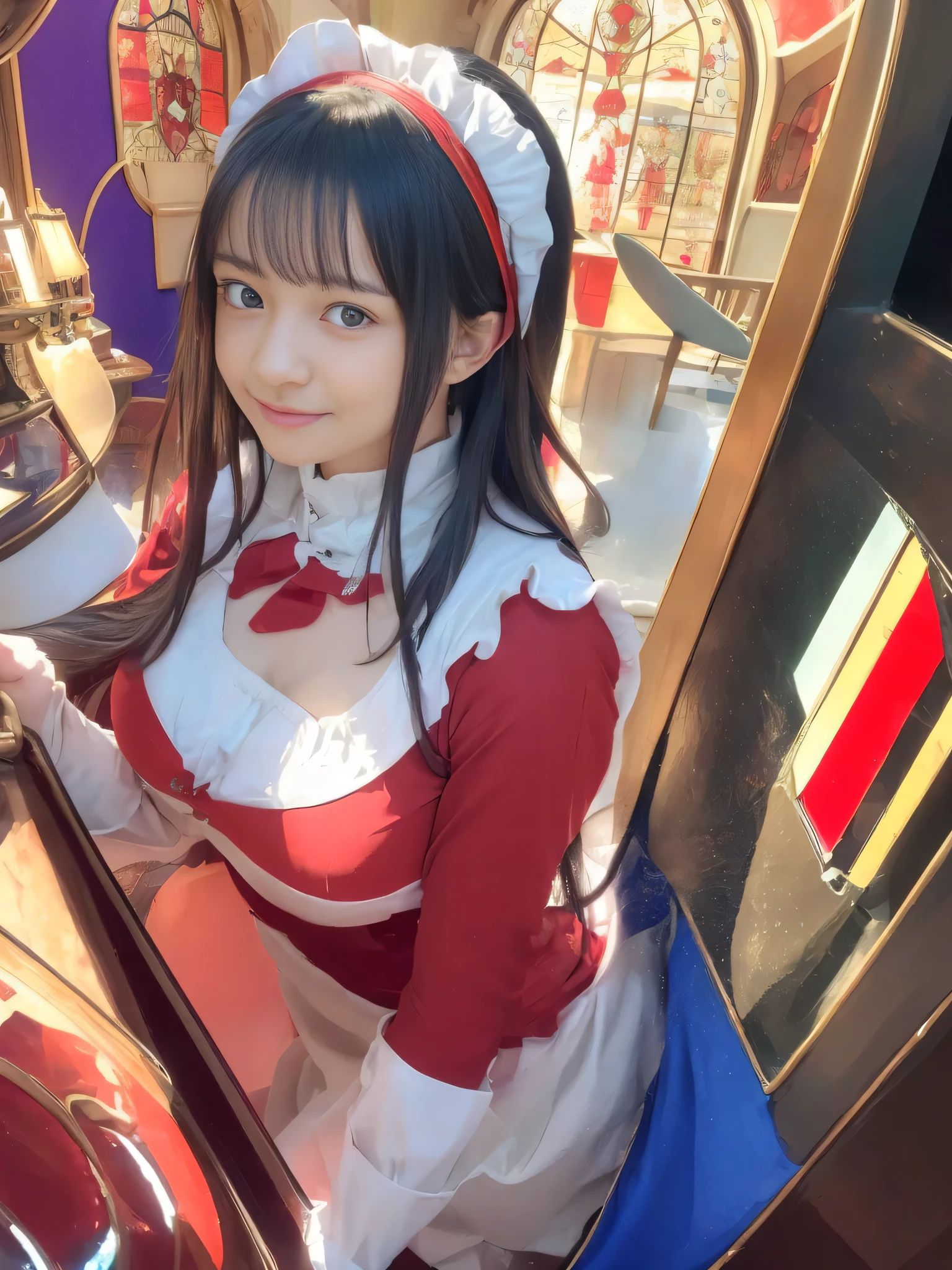 (((Max Video Quality、highest resolution、greatest masterpiece、8k)))、(((Detailed Faces)))(((cute face)))(((Baby Face)))(((Young contour)))(((lovely eyes and nose)))、((( Blizzard 10 )))(((model body type)))(((perfect poddy line)))、(((Big Breasts 2.0)))(((large cleavage by lapis lazuli 2.5)))(((nsfw)))(((black hair long straight)))、(((Portrait of a Girl in a Red Edwardian Maid Outfit 3.0)))(((solo 3.0))) Red Edwardian Maid Dress Red and White Edwardian Maid Outfit Girl in Japan maid outfit Red Gothic Maid Outfit Girl in Red Edwardian Maid Outfit Large Ruffled Maid Headband (((Shining Stained Glass Large Room with Shiny Marble Luxury furniture Lavishly Decorated Living Room))) large glass window Japan look at the camera adorable smile ((( Dynamic pampering poses )))((( Photo from the waist up))